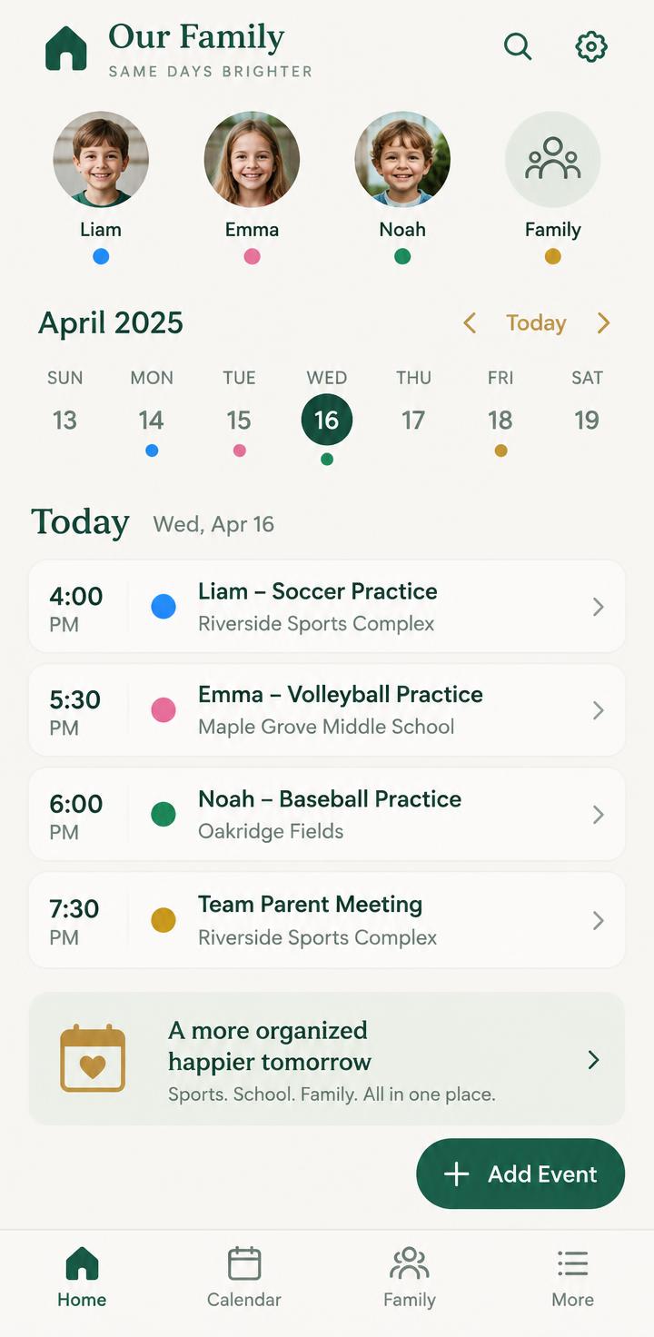 HiveDays home screen showing a family's schedule for the day